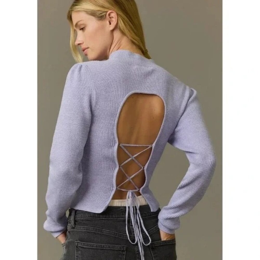 Anthropologie Lavender Sparkle Mock-Neck Open-Back Lace-Up Sweater S Soft Girl‎